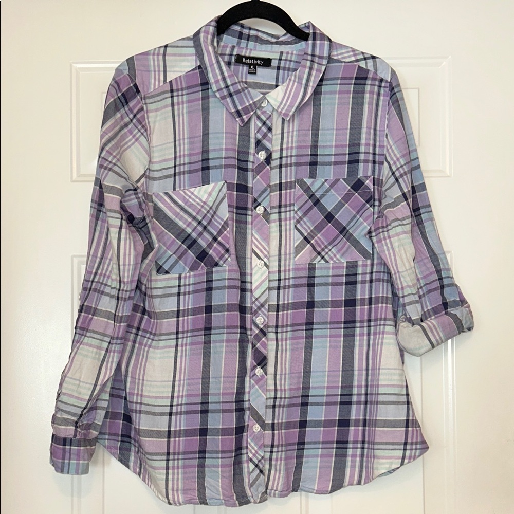Relativity Western Plaid Button Cotton Shirt XL Purple Casual Roll Tab Sleeve